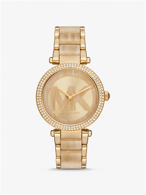 michael kors parker pavé gold-tone and navy acetate watch|Parker Pavé Gold.